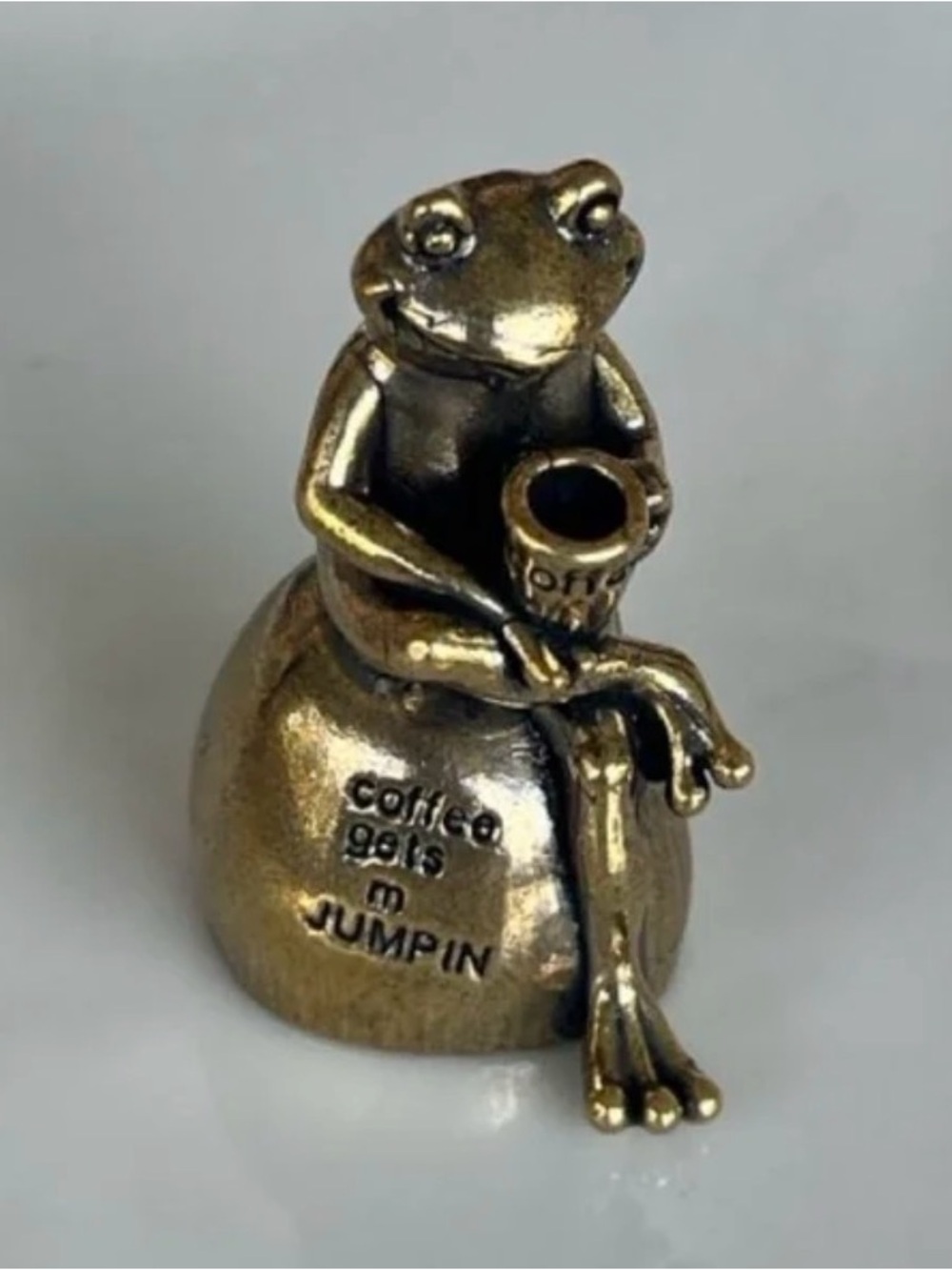 Whimsical Brass Frog with Coffee Cup Figurine #415